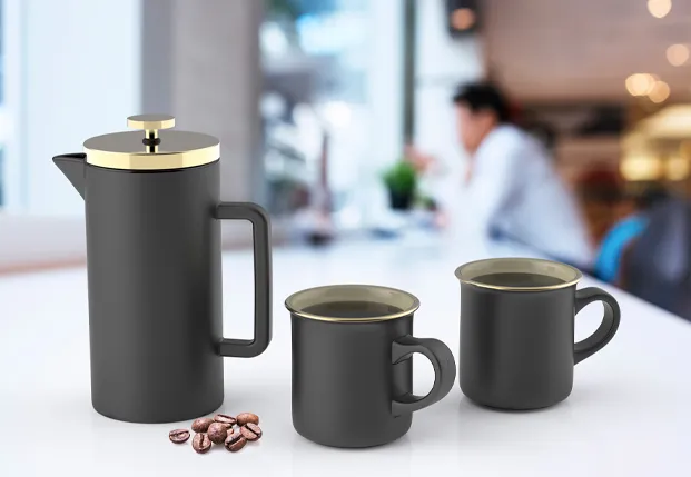 Branded coffee mugs and coffee plunger