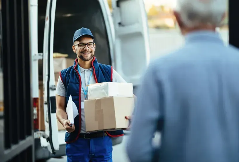A delivery man wearing corporate uniform for a delivery service