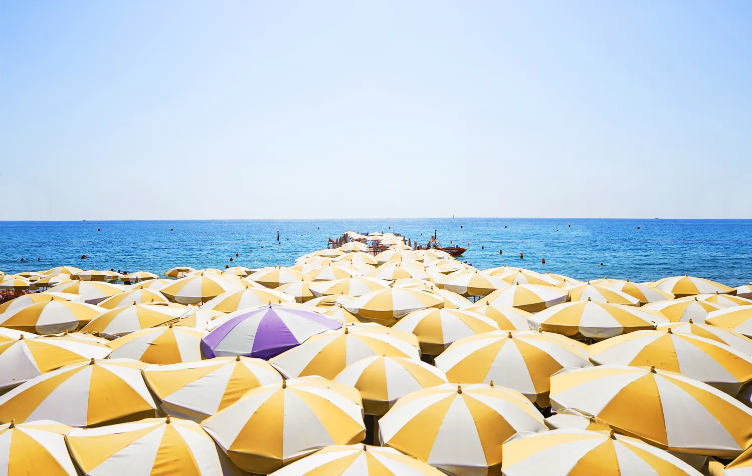 A captivating sight: A vibrant sea of branded beach umbrellas, transforming the beach into a colorful oasis.